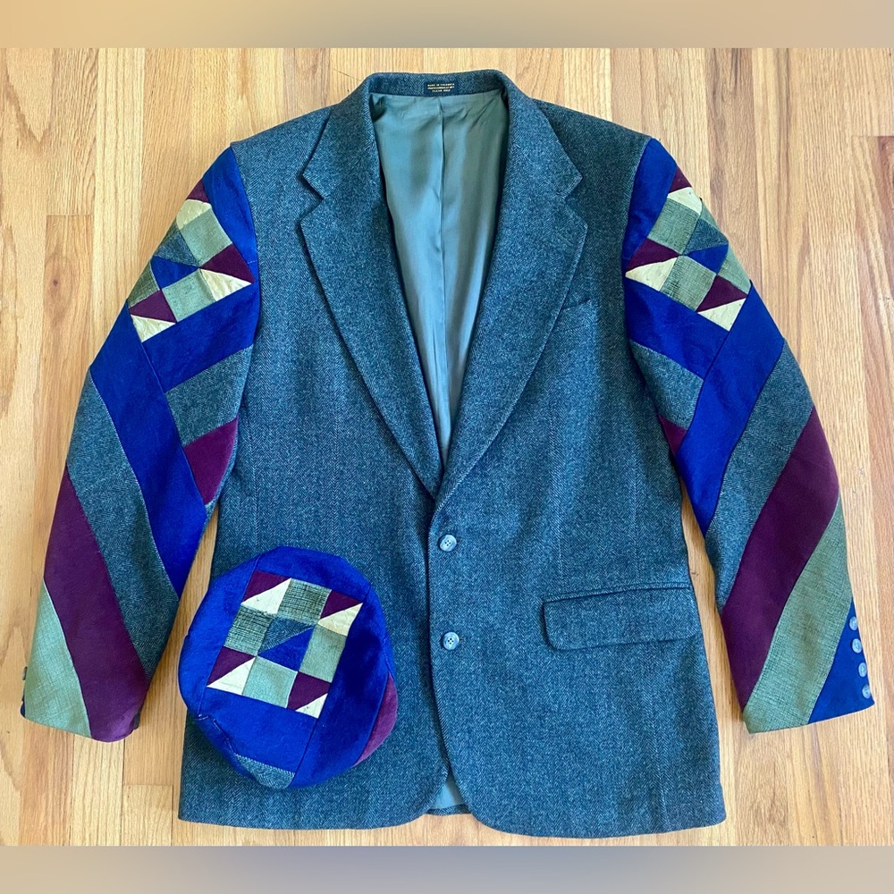 Vintage 80s Men's PATCHWORK Blazer Set 42/XL HOLBROOK Green Wool Quilted Jacket